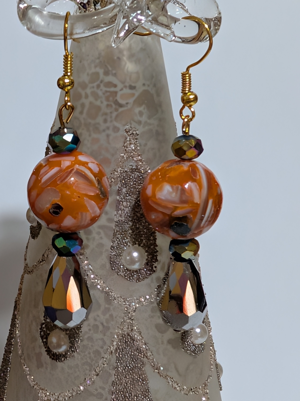 NWOT Handcrafted Marbled Orange Glass Bead Drop Earrings